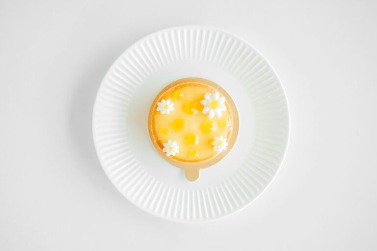 flat-lay photography of custard cake on white plate