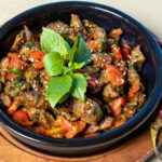 vegetable dish on blue ceramic bowl