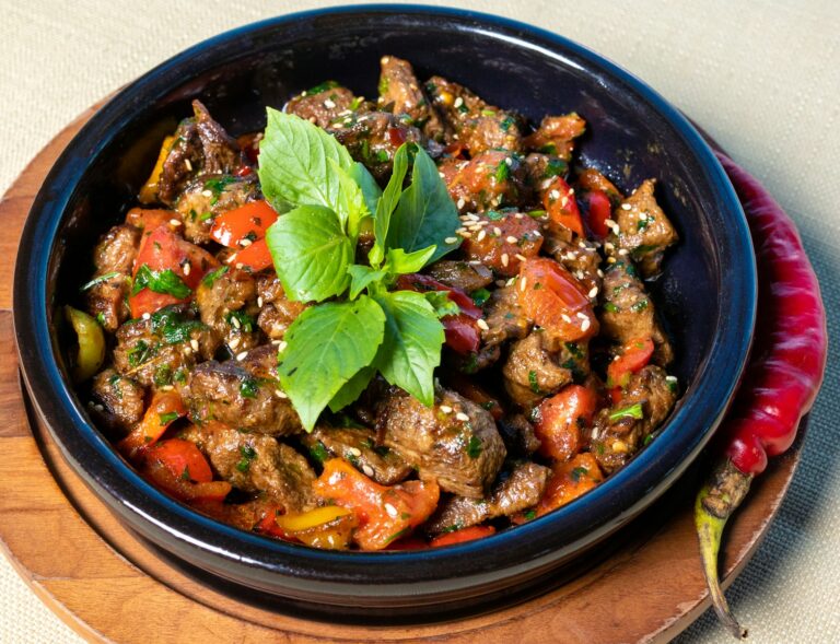 vegetable dish on blue ceramic bowl